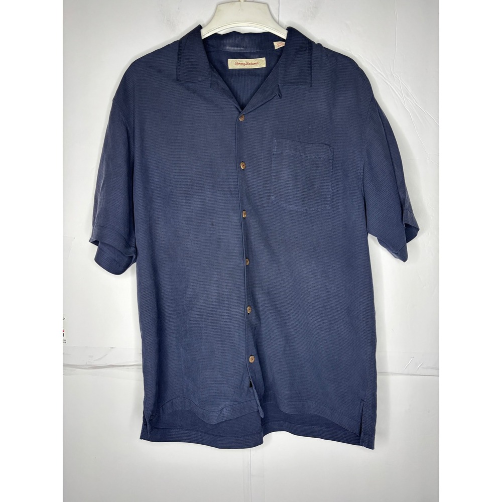 Tommy Bahama Mens Large Navy Blue 100% Silk Textured Short Sleeve Camp Shirt